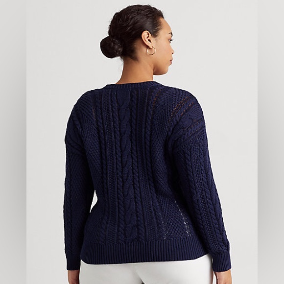 NWT $155 Lauren Woman Aran-Knit Cotton Navy Blue - Picture 4 of 11